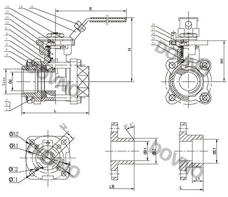3PC高平台内螺纹球阀尺寸图