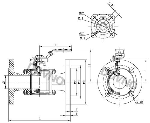 3PC德标高平台法兰球阀尺寸图
