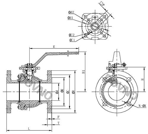 2PC日标高平台法兰球阀外形尺寸图