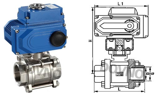电动三片式球阀结构图