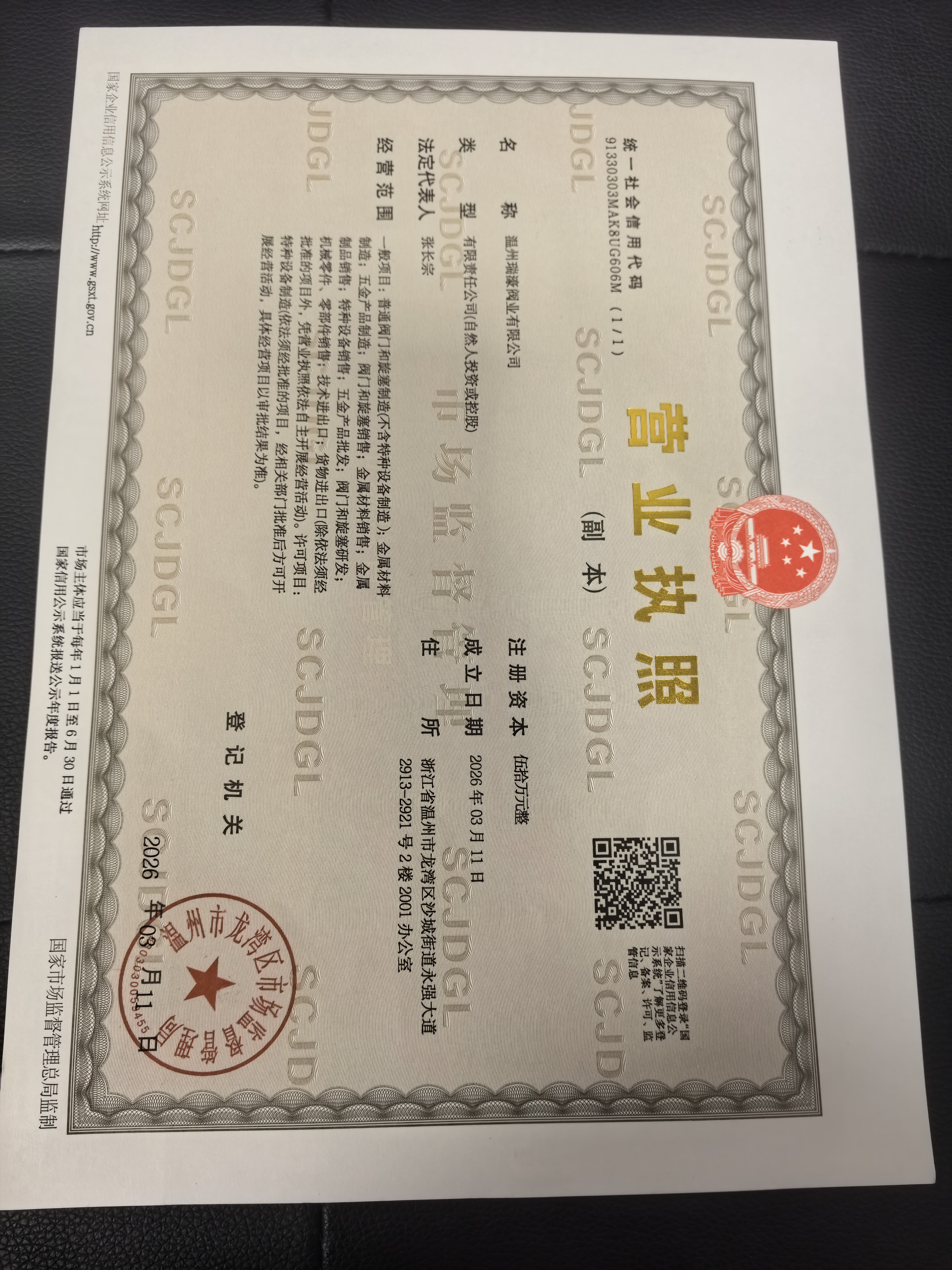 派司阀业营业执照