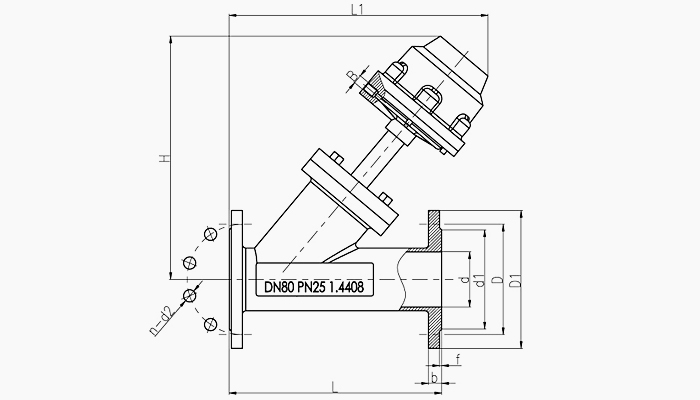 盖米法兰式气动角座阀尺寸图