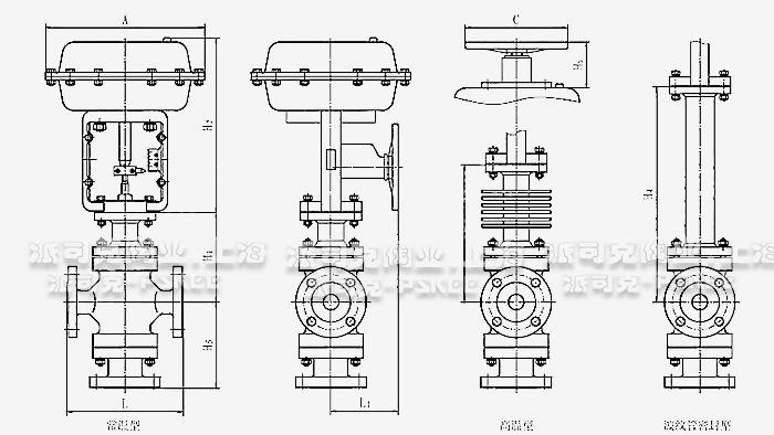 气动薄膜三通调节阀尺寸图