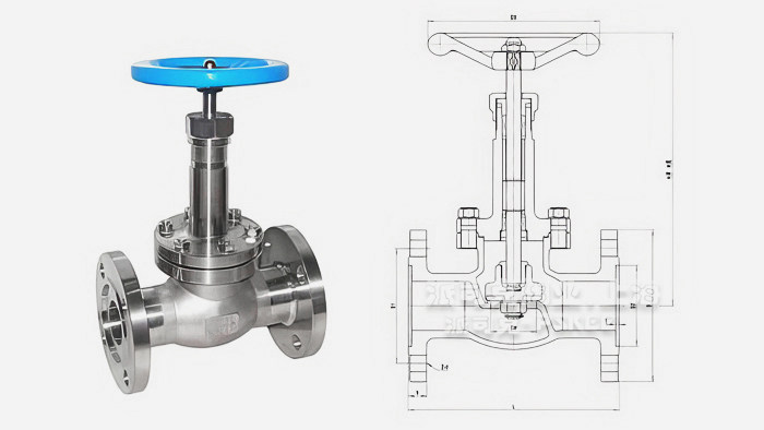 不锈钢低温短轴法兰型截止阀尺寸图