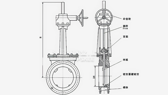 伞齿轮薄型刀型闸阀尺寸图