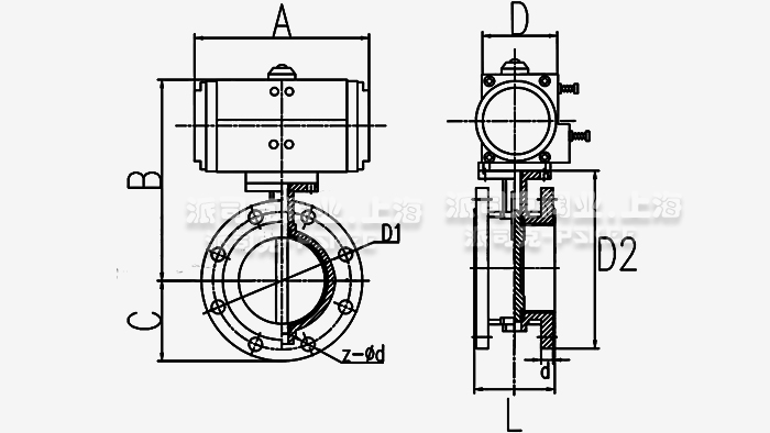 气动法兰中线蝶阀尺寸图